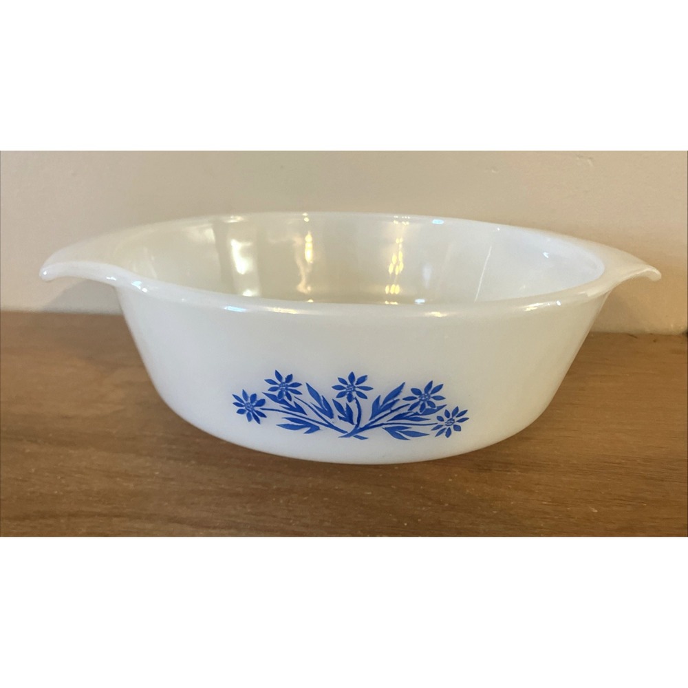Vintage Fire King Milk Glass Round Casserole Blue Cornflower 1 QT Dish - EUC